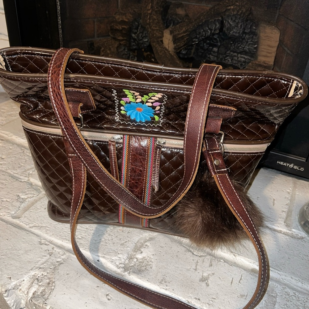 Large Consuela Brown Quilted Bag with Multi-Colored Embroidered brown Leather